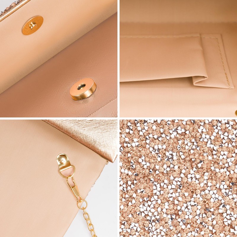 Larcenciel Rose Gold Clutch Bag, Sparkling rhinestones, Contemporary