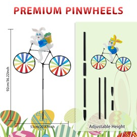2 Pack 20 Inches Easter Bunny Bike Spinner Decoration, Colorful Rabbit Pinwheel with Stake, Windmill Wind Spinner for Yard Garden Lawn, Large Pin Wheels Outdoor Easter Spring Decor Gifts for Kids