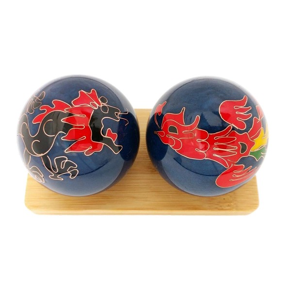 Top Chi Dragon and Phoenix Baoding Balls with Bamboo Stand (Medium 1.6 Inch)