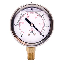 2-1/2" Liquid Filled Vacuum Pressure Gauge - Stainless Steel Case, Brass, 1/4" NPT, Lower Mount Connection, 30HG/0PSI GSSG2512-VUPD
