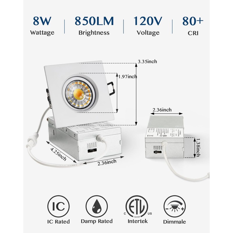 Wembanma 3 Inch Gimbal Recessed Light 8W 5CCT Selectable, 360°