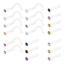 Crdifu 20pcs Nose Ring Stud Retainers Screw L Shape Nose Bone Flexible Bioflex Plastik 20G with Crystal Piercing