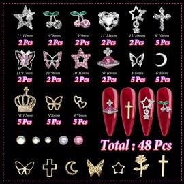 3D Nail Charms Set, 15Styles Silver Gold Star Cherry Butterfly Heart Crown Alloy Nail Gems Rhinestones Charms& Flatback Pearl Nail Art Charms, Pink White Mixed Flower Bows DIY Nail Art Supplies Decor