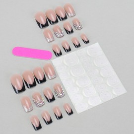24 Pcs Black French Press on Nails Short Square Fake Nails Nude False Nails with Silver Glitter Rhinestone French Design Glossy Nail Tips Full Cover Acrylic Nail Kit for Women Manicure 24 Pcs