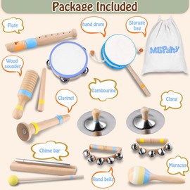 Montessori Musical Instruments for Toddlers, Wooden Baby Music Set with Drum, Flute, Clarinet, Chime Bar, Bells Cymbals, Natural Sensory Learning Toys for Boys Girls 1-3 Years Old