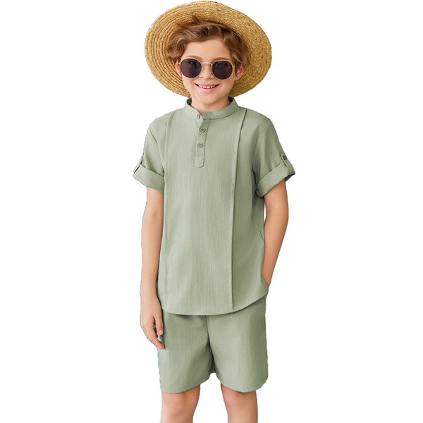 Arshiner Boy's 2 Piece Green Outfits Casual Linen Button Up