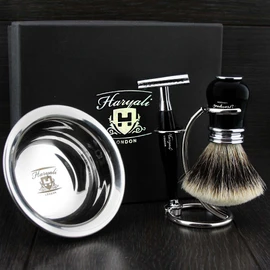 Ready to Use 4 Pcs Men's Shaving Set with Double Edge Safety Razor, Sliver Tip Badger Hair Brush, Stand and Steel Soap Bowl