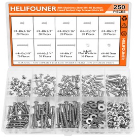 HELIFOUNER 250 Pieces #4-40 x 3/16" 1/4" 5/16" 3/8" 1/2" 5/8" 3/4" 1", Button Head Socket Cap Screws Bolts Washers Nuts Kit, Coarse Thread, Fully Machine Threaded, 304 Stainless Steel