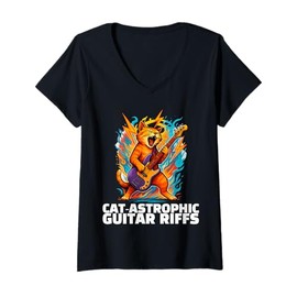Womens Cat Music Guitar Riff Rock Cat-Astrophics Funny V-Neck T-Shirt
