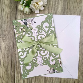 25PCS Laser Cut Wedding Invitations Cards with Envelopes,Blank Inner Sheets,Ribbons for Wedding Bridal Shower Quinceañera Engagement Birthday Invites (matte sage green)