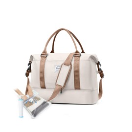 Travel Duffel Bag with Vacuum Bags & Vacuum Pump, Sports Gym Tote Bag for Women, Carry on Luggage Bag for Airplanes, Lightweight Weekender Overnight Bag Waterproof Beach Hospital Bag,O11-Beige Brown