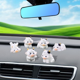 6Pcs Cute Cow Car RearView Ornaments - Vehicle Rear View Mirror/Dashboard/TouchScreen Top Funny Adorable Mini Cows Decor Set, Cars Interior Accessories for Women Men（ White）