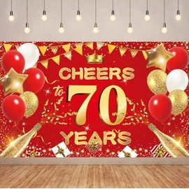 Red Gold Cheers 70 Years Backdrop Banner Happy 70th Birthday Background Decorations for Women Men Her Him Anniversary Photography Party Supplies.
