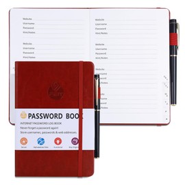 Jianta Password Book, Password Book with A–Z Index, and Gel Pens, Organiser for Websites, Usernames and Passwords, Space for 480 Passwords, with Pen Loop, Elastic Band, Inner Pocket – Burgundy