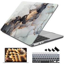 Batianda Premium Case for New MacBook Air 15 inch 2024 2023 with M3 M2 Chip Model A3114/A2941, Designed Protective Plastic Hardshell & Keyboard Cover & Screen Protector, Gold Fluid Art