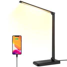 HMFUNTM Led Desk Lamp, Desk Lamp with USB Charging Port, 5 Color Modes, 10 Brightness, Natural Light, Eye Caring Reading Lamp, Desk Light for Home Office, Table Lamp, Touch Control, Auto-Timer, Black