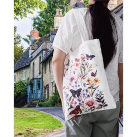 Panfurco Aesthetic Canvas Tote Bag for Women, Cotton reusable shopping bags with Inner Pocket (01 Flower)