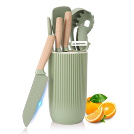 Kitchen Knife Sets, 10-Piece Green Sharp Knife Set & Utensils Set with Block,Stainless Steel Knife Block Set,Silicone Cooking Utensils Set with Tongs,Utensils Holder for Storing Kitchen Tools (Green)