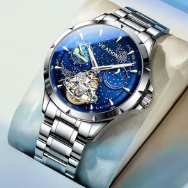 Men's high-end automatic mechanical watch: Dual time zone display, starry sky dial design, metal strap, waterproof and luminous, suitable for daily, business and fashionable wear. - Color: black