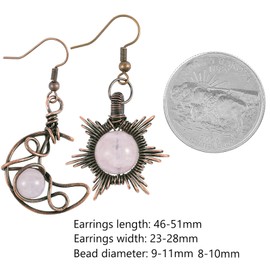 Nupuyai Boho Gothic Sun and Moon Crystal Dangle Earrings for Women, Asymmetrical Copper Wire Sun Moon Stone Drop Earrings for Ladies, Rose Quartz
