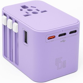 45W Universal Travel Adapter – Compact Plug with 3 USB-C & 2 USB-A Ports for EU/UK/US/AU, International Power Adapter Worldwide Charger, CE/FCC/RoHS Certified (Purple)