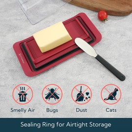 KITCHENDAO Airtight Butter Dish with Lid and Knife, Plastic Butter Holder for Countertop and Refrigerator, Keep Butter Fresh-Easy Scoop-Dishwasher Safe, Butter Tray for West/ East Coast Butter, Red