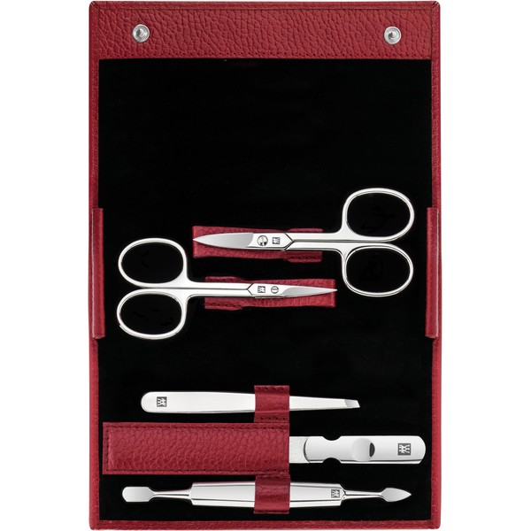 ZWILLING 5 Piece Cowhide Leather Manicure Set with Press Stud Button for Nail Care and Pedicure - Red