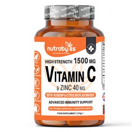 High Strength Vitamin C and Zinc Capsules | Vitamin C 1500mg and Zinc 40mg | Enhanced with Rosehip and Citrus Bioflavonoids | for Maintenance of Normal Immune System | 180 Vegan Capsules | Made in UK