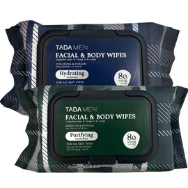TADA Men - Cleansing Face & Body Wipes for Adults, No Rinse, Bulk for Gym, Running, Outdoor Use - Green Tea Centella & Hyaluronic & Avocado (2 Type Mix, 160 Wipes (2PK))