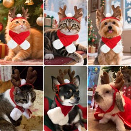 PETLESO Cat Reindeer Antlers with Christmas Scarf, Small Dog Santa Costume, Pet Xmas Outfits for Kitten, Puppy