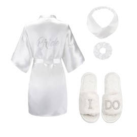 4 Pcs Bridal Shower Gifts Bride Robe for Wedding Day Set with Slippers Eye Mask Hairband for Bachelorette Party (White-sliver,SM)