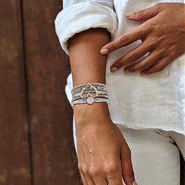 Wrap Leather Bracelet Rhinestone Leather Bracelets for Women Multilayer Boho Bracelet (Sliver)