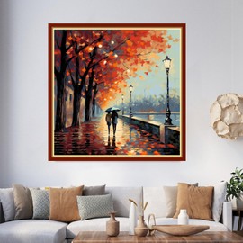 Foxhool Beginners Cross Stitch Kits Stamped Full Range of Embroidery Kits for Adults DIY Cross Stitches kit Embroidery Patterns for Needlepoint kit-Strolling on a Rainy Night 17.7x17.7 inch