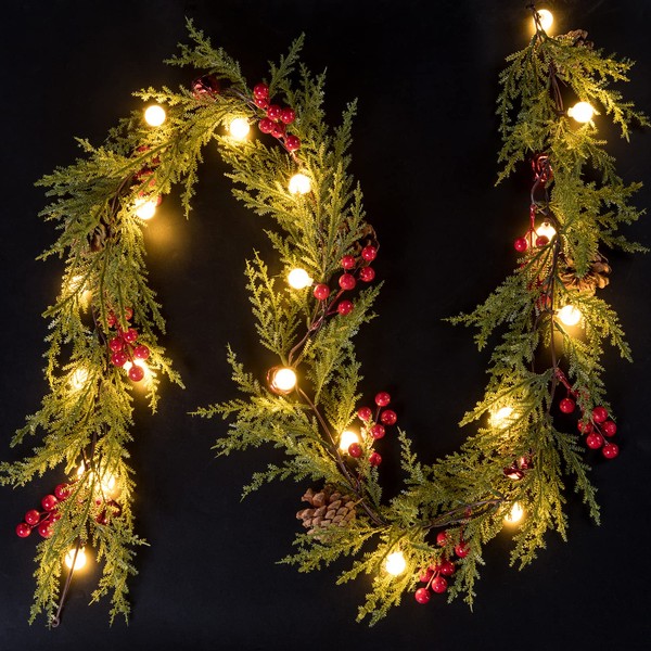 Quntis Christmas Garland with Lighting 20 Ball Fairy Lights 175 cm Fir Garland with Timer 8 Modes Pine Branches Garland Christmas with Red Berries Pine Cones Bell for Christmas Decoration