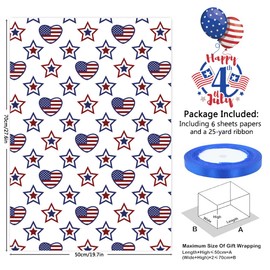 6 Sheet Blue Red White Patriotic Wrapping Paper,USA Flag Star and Stripes Wrapping Paper 4th of July Gift Wrap Paper with Blue Ribbon for USA Independence Memorial Day Gift Wrap,68x51 cm …