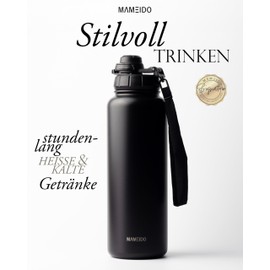 MAMEIDO Thermos Flask with Straw, 1.2 L, Leak-Proof Drinking Bottle, Stainless Steel Insulated, Water Bottle BPA-Free with Carry Strap, Water Bottle Sport (Rich Black, 1200 ml)