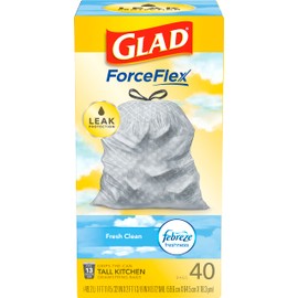 Glad Trash Bags, OdorShield Tall Kitchen Drawstring Garbage Bags - 13 gal - 24" x 27 3/8" - .95 mil - 40/Box - Fresh Clean Scent - White