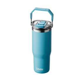 Ozbobo - Vaso de 30 onzas con asa, vaso con popote y tapa, botella de agua con tapa dos en uno sin BPA, botella de acero inoxidable 100% a prueba de fugas (azul marino)
