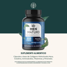 LIFE 360+ Men M4TUR3 | 220 cápsulas | Cápsulas a base de colágeno hidrolizado, maca, creatina, aminoácidos, vitaminas y minerales | Suplemento Alimenticio | Cápsulas de gelatina y agua