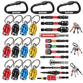 Geinxurn 25Pcs Bit Holder Key Chain, 1/4" Hex Shank One Handed Quick Change& Release Extension Bit Organizer with Screwdriver Bits, Drill Extension & Step Drill, Sockets Adapter, Nut Driver for DIY