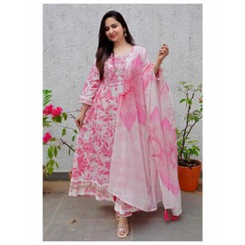 Women's Anarkali Kurti Bottom Dupatta Suit Tunic Readymade Ethnic Indian Pakistani Kurta For Party Wear (US, Alpha, X-Large, Regular, Regular, Rayon) Pink