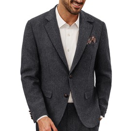 PJ PAUL JONES Men's Vintage Wool Blend Blazer Tweed Jacket Regular Fit with 2 Buttons, darkgray, L