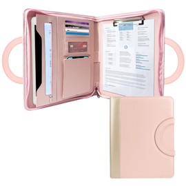 GraduatePro Portfolio Binder Leather Zippered Padfolio Folder Business Case Organizer Bag for Pad Notebook Resume with Clipboard for Women Graduation Gift, Pink