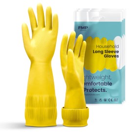 FMP Brands 3 Pairs 15 Inch Extra Long Rubber Dishwashing Gloves - Non-Slip for Cleaning, Kitchen, Bathroom, Gardening (Small, Yellow)