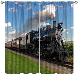Yoakiet Steam Engine Blackout Curtains,3D Vintage Steam Old Train Through Country Field Scenery Print Rod Pocket Window Treatments Drapes for Bedroom Living Room Kitchen 42x63in