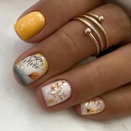 Jremg Fall Press on Nails Short Square Fake Nails Yellow Leaves Full Cover Design Glue on Nails Glossy Thanksgiving Autumn Maple Leaf False Nails Reusable Stick on Nail for Women Nail Art Decor 24Pcs
