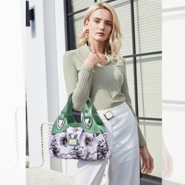 NICOLE & DORIS Shoulder Bag Briefcase Women's PU Leather Chic Shopper Handbag Shoulder Bag Tote Handbags, Green Handle/Lily, Retro