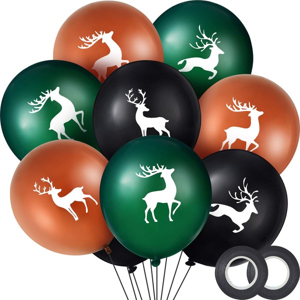 24 Pieces Elk Buck Deer Balloons Woodland Latex Deer Balloons and 2 Rolls Black Ribbons for Deer Party Favor Supplies Decoration Lumberjack Camo Party
