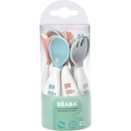 BEABA Ergonomic First Cutlery Set 6 Spoons and 4 Forks Short, Rounded Handle Baby Friendly, Suitable for Right and Left-Handed Users Grey/Blue/Pink