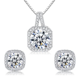 Cubic Zirconia Earrings and Necklace Set for Women 14K White Gold Plated Square Jewelry Set for Women Silver Pendant Necklace Hypoallergenic Stud Earrings Set Jewellery Gift
